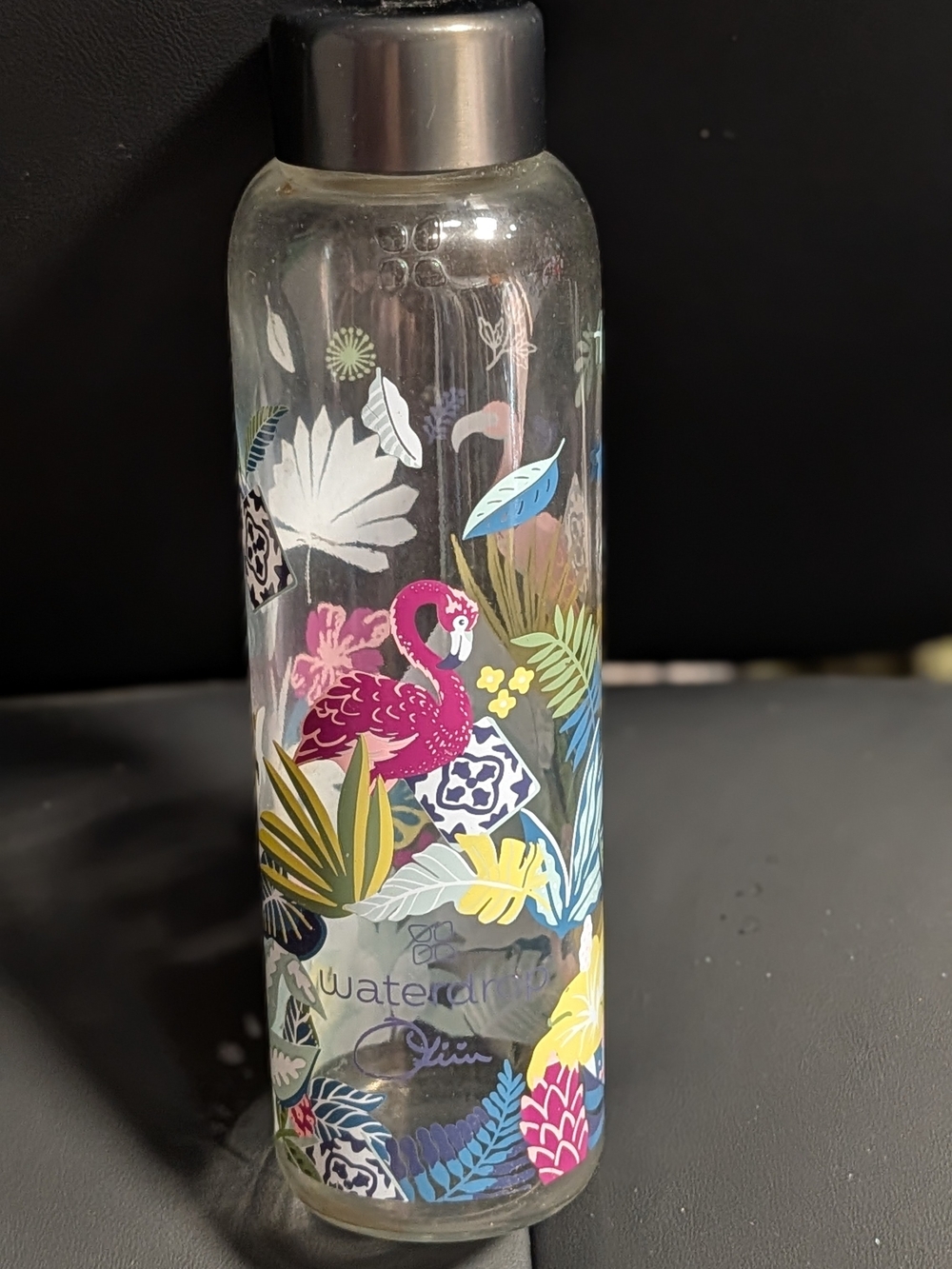 Colorful Flamingo Glass Water Bottle with Floral Print